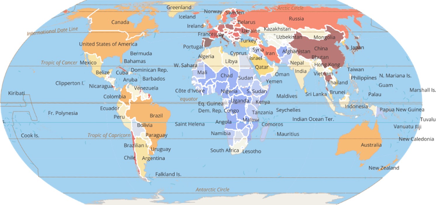 The old-age dependency ratio of people 65 years and older to people 18-64 years in 2060. All data are from the UN 2022 Revision of World Population Prospects