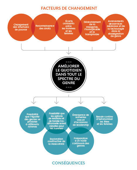 Cette image illustre 'Améliorer le quotidien dans tout le spectre du genre' et met en évidence 'les facteurs de changement' et 'les conséquences'.