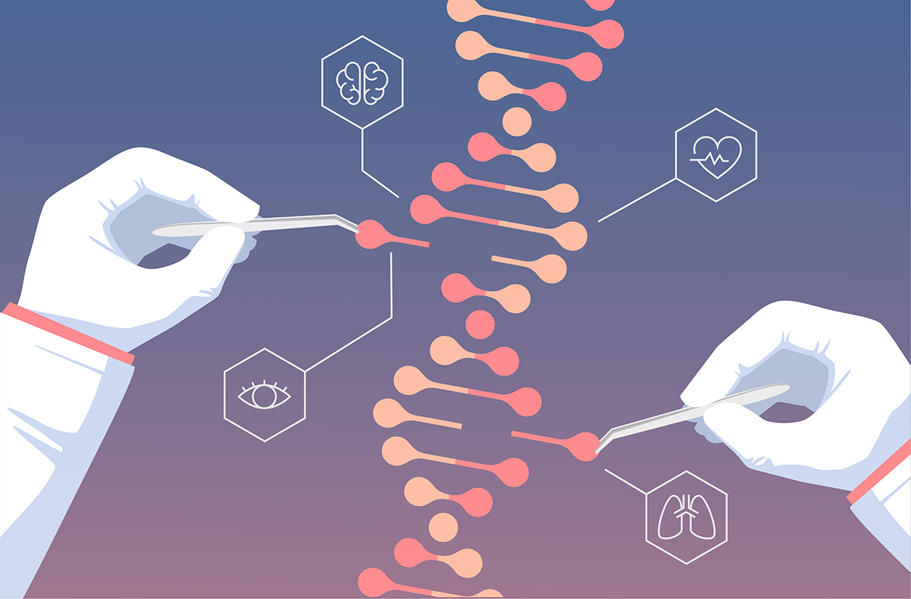 Illustration of two gloved hands using tweezers to alter a strand of DNA