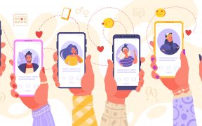 Multiple illustrated hands holding up smartphones with dating apps open on the screens