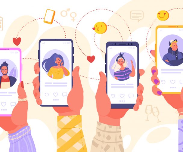 Multiple illustrated hands holding up smartphones with dating apps open on the screens